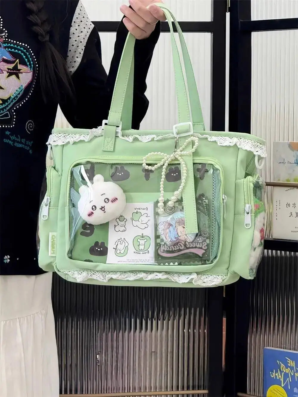 Japanese Sweet Women Ribbon Ita Bag Cute Lolita Girl Transparent Handbags Fashion Large Capacity Tote Bag Aesthetic Shoulder Bag