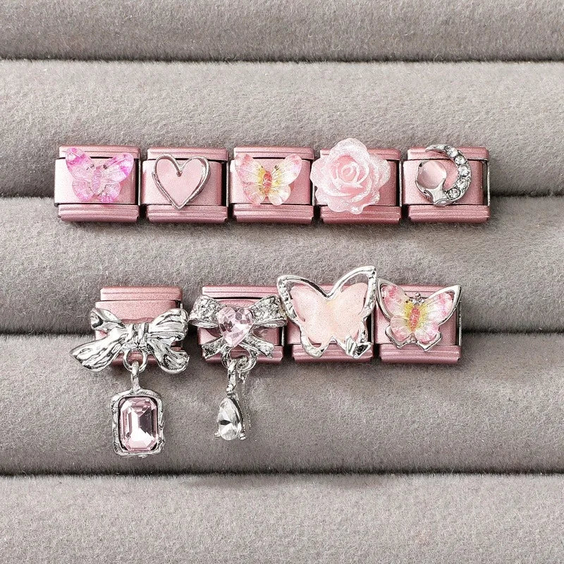 2025 New Women Romantic Pink Cherry Heart Shiny CZ Italian Charm Links Fit 9mm Bracelet Stainless Steel DIY Making Jewelry Gifts