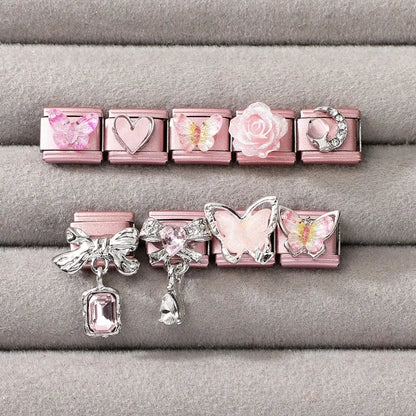 2025 New Women Romantic Pink Cherry Heart Shiny CZ Italian Charm Links Fit 9mm Bracelet Stainless Steel DIY Making Jewelry Gifts