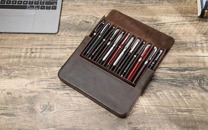 Luxury Genuine Leather 12 Slots Fountain Pen Case Box Office School Stationery Pen Storage Pouch Holder with Removable Pen Tray
