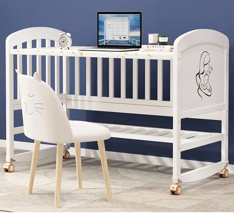 Wood Baby Crib With Mosquito Net And Diaper Table Convert To Kids Bed, Bedding Set, Baby Cot, Bed, Rocker Mattress