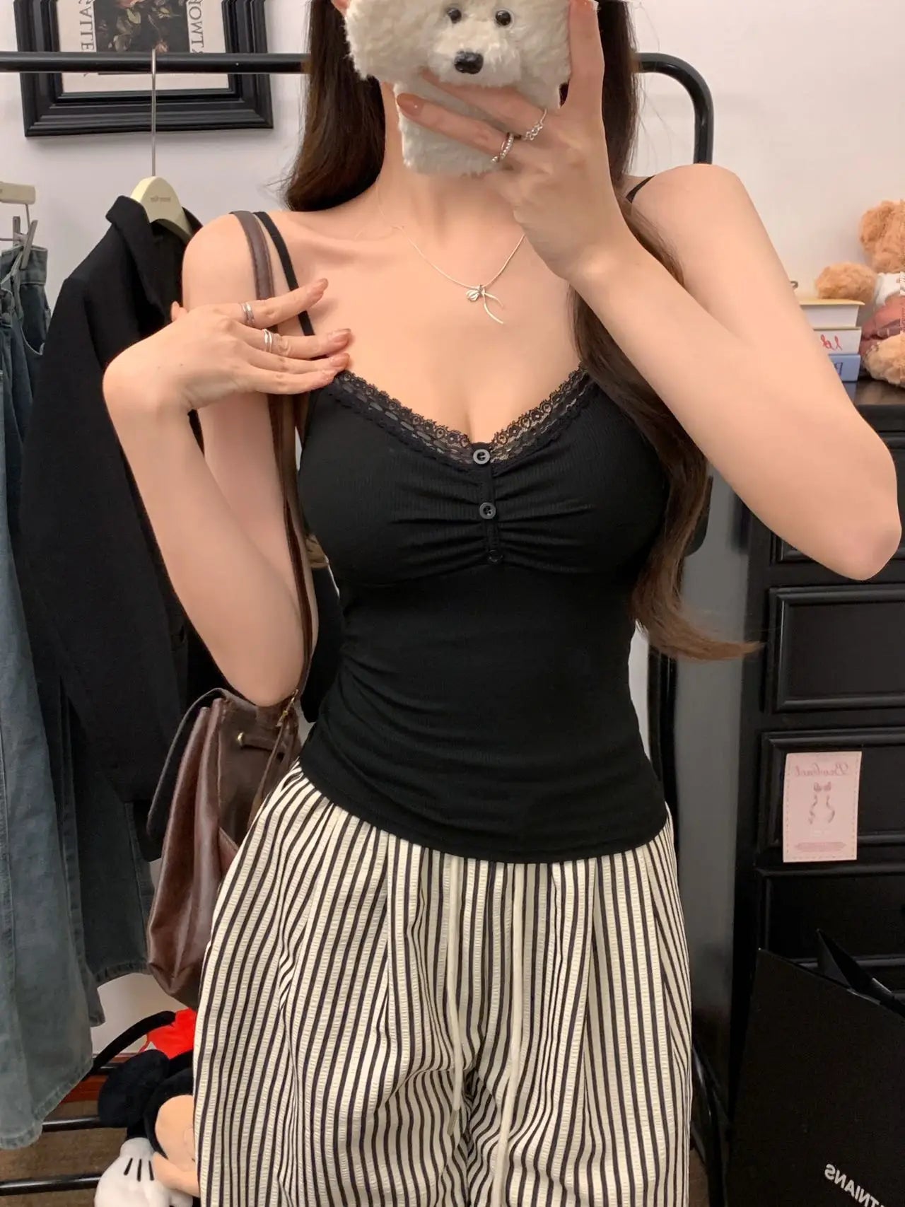 Pure Desire Sexy Lace Splice Strap Vest Women's Inner Wear Slimming Matching Top Trendy Tube Top Cotton Blend Elastic Fiber