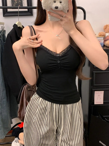 Pure Desire Sexy Lace Splice Strap Vest Women's Inner Wear Slimming Matching Top Trendy Tube Top Cotton Blend Elastic Fiber