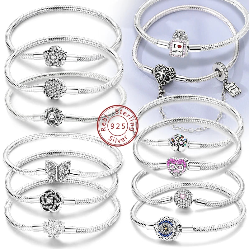 Original 925 Sterling Silver Bracelets 17-20CM Love Heart Flowers Butterfly Charms Beads Bracelet For Women Fashion Jewelry Gift
