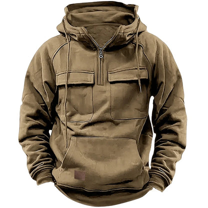 Men's Casual Sports Hooded Sweatshirt New Style Outdoor Thick Fashionable Loose Long-Sleeved Pullover with Multiple Pockets