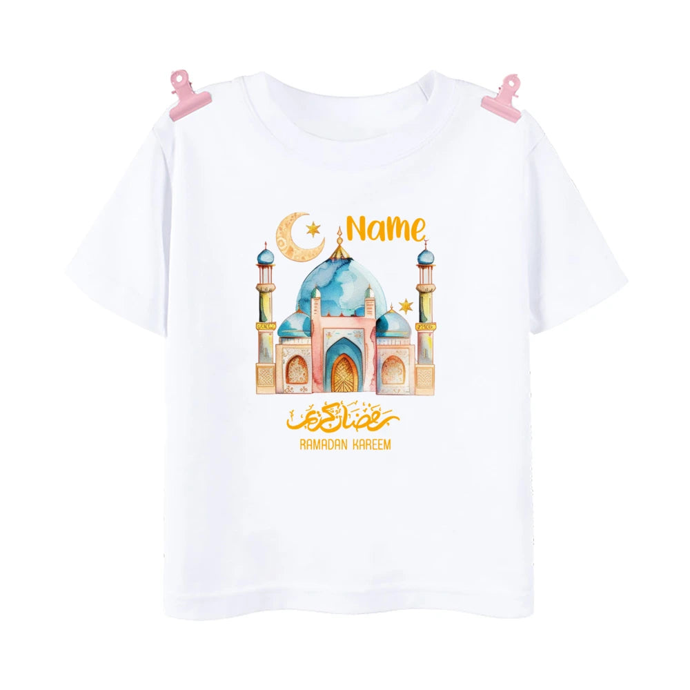 Personalized Eid Mubarak Printed Kids Shirts Custom Name Eid Ramadan Child T-shirt Tops Islamic Muslim Holiday Boys Girls Outfit