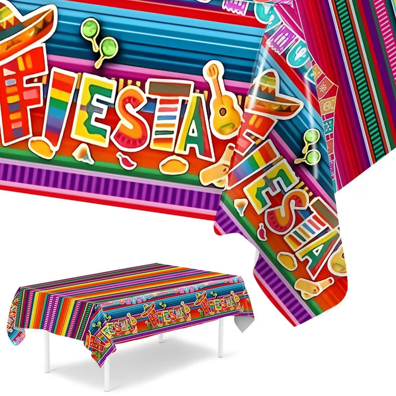 Mexican Stripes Plastic Tablecloth Holiday Party Decor Day of The Dead Waterproof Rectangle Tablecloth Mexican Fiesta Decoration