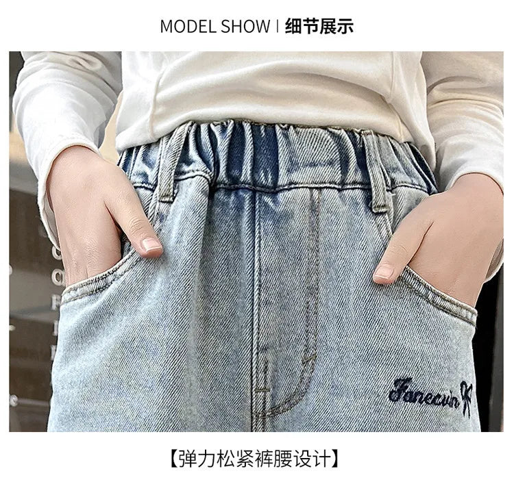 New 4-14 Years Spring Autumn Teenage Girls Jeans Full Print Bow Embroidery Fashion Wide-leg Denim Pants For Kids