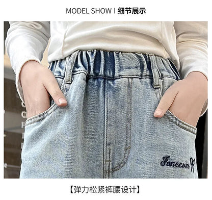New 4-14 Years Spring Autumn Teenage Girls Jeans Full Print Bow Embroidery Fashion Wide-leg Denim Pants For Kids