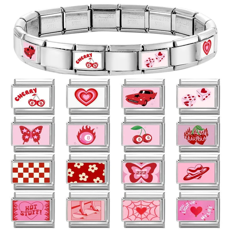 Wholesale Sweet Pink Series Stars Heart Flowers Butterfly Italian Link Fit 9mm Stainless Steel Bracelet Making DIY Charm Jewelry