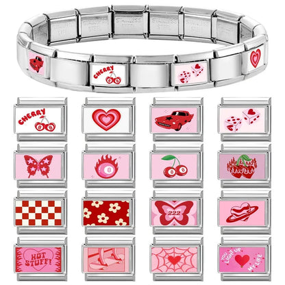 Wholesale Sweet Pink Series Stars Heart Flowers Butterfly Italian Link Fit 9mm Stainless Steel Bracelet Making DIY Charm Jewelry