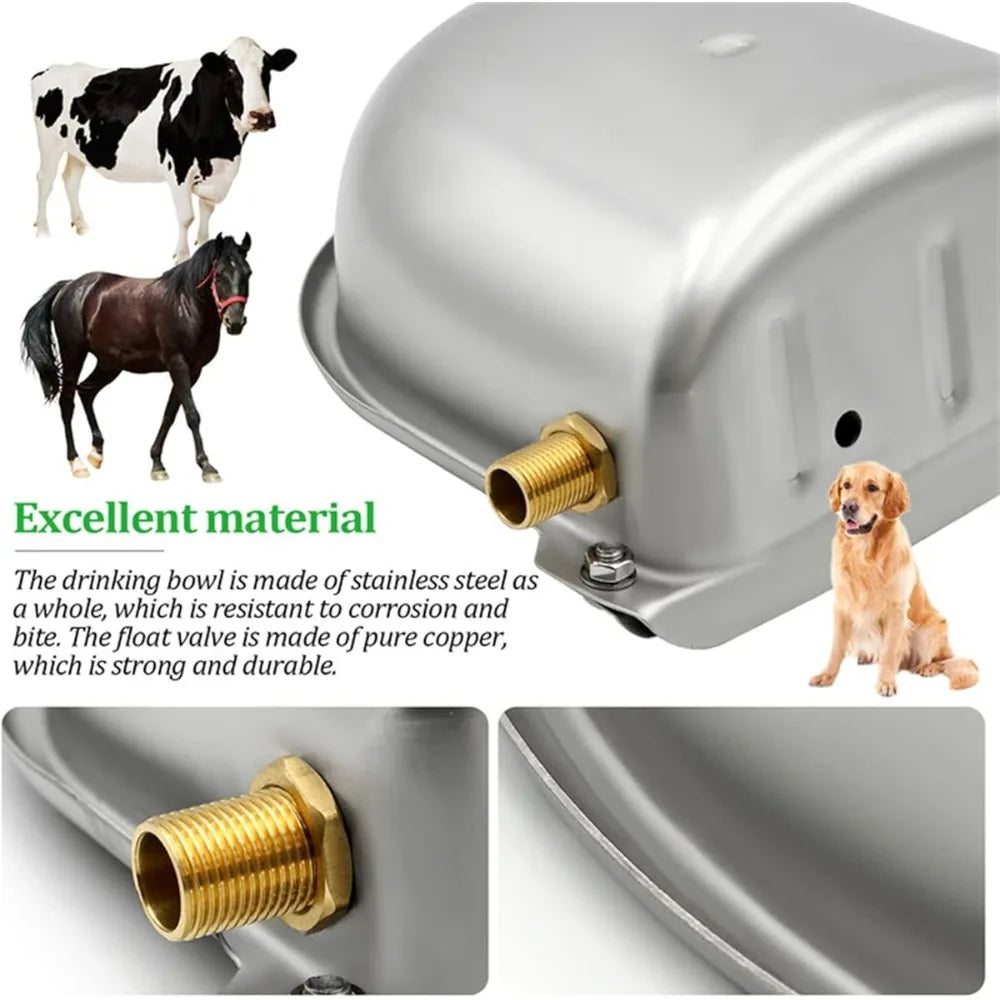 Silver Stainless Steel Automatic Livestock Water Bowl with Brass Float Valve, Durable Water Level Control Drinking Bowl for Horses, Cattle, Sheep, Goats, Alpacas, and Dogs in Farm and Stable Use