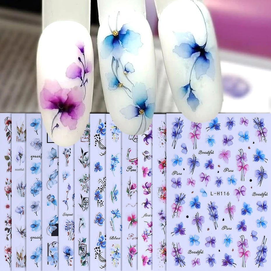 12pcs 3D Geometry Flower Leaf Nail Stickers Summer Ink Blooming Flowers Decal Slider for Nail Art Supplies Manicure Decoration