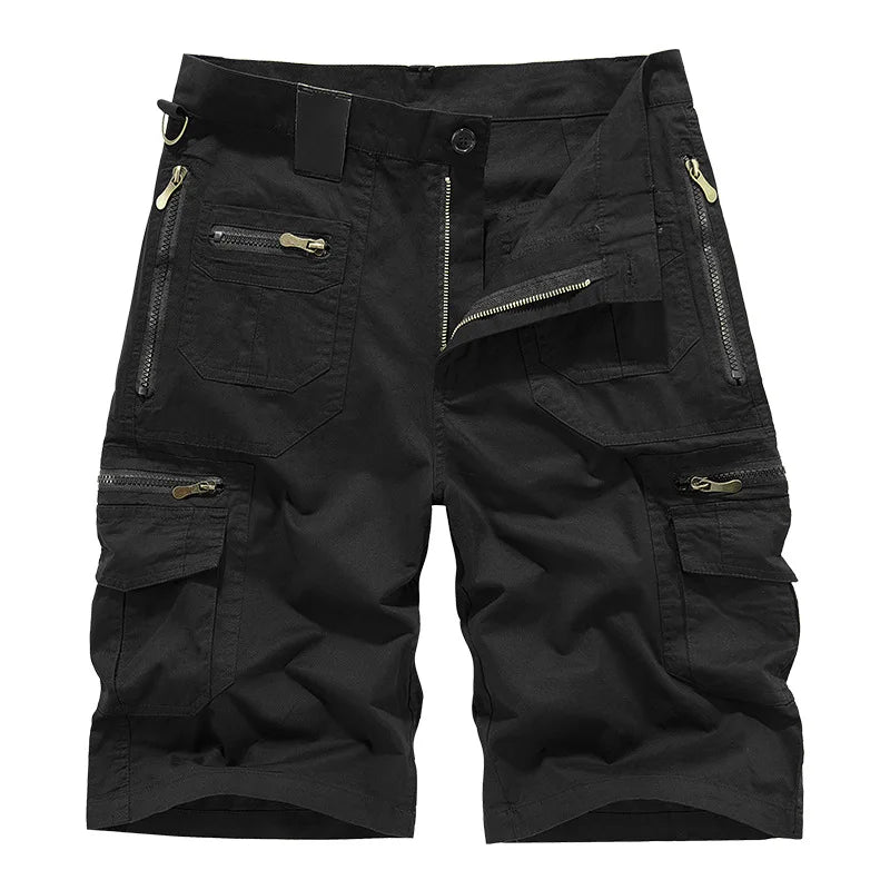 Men's Casual Shorts Summer Multi Pocket Workwear Shorts Male 100% Cotton Solid Breathable Fishing Cargo Knee Length Trousers