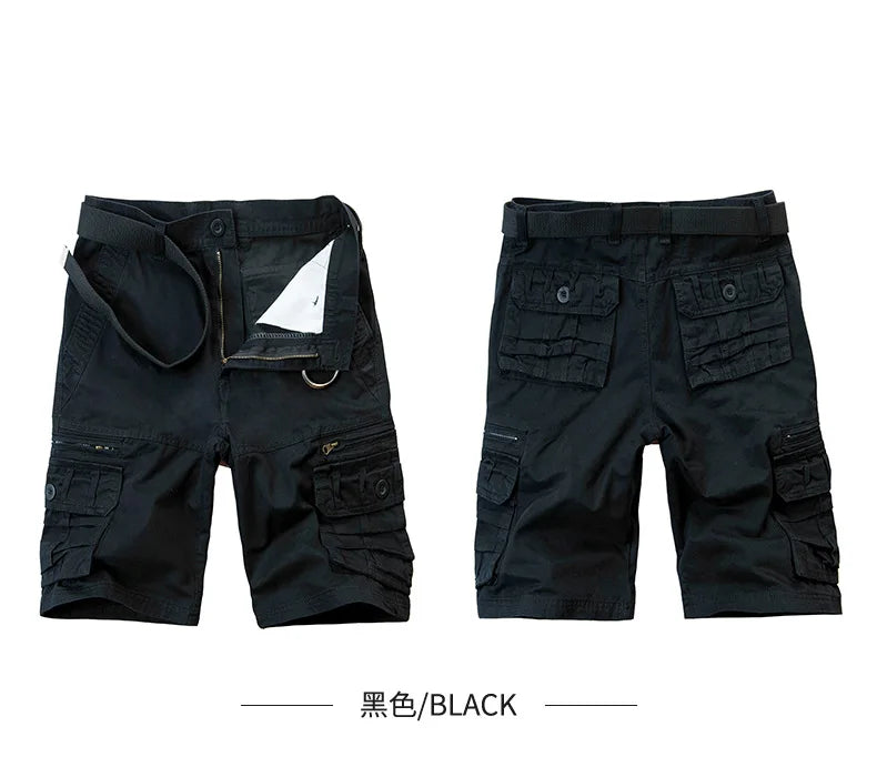 2026 Summer Men's Cotton Cargo Shorts Multi-Pocket Casual Short Pants Male Hiking Loose Solid Jogging Shorts No Belt Plus Size