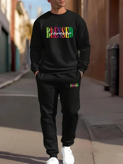 Autumn Casual Men's Long-Sleeve Set Trendy Gradient Print Outdoor Crew Neck Long-Sleeve Top & Casual Pants Two-Piece Set