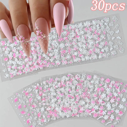 3D Colorful Flowers Cherry Blossoms Rose Daisy Nail Decals 20/30/60/70/90pcs Cute Heart Nail Sticker Manicure Decoration 5.5*6cm