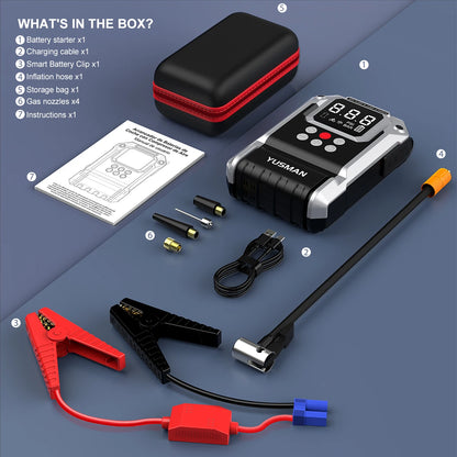 Car Battery Jump Starter with Air Compressor, 12V 1000A/1500A PEAK 26800mah Portable Car Jump Starter with 150 PSI Inflator (for ALL Petrol or 10L Diesel), Emergency LED Flashlight