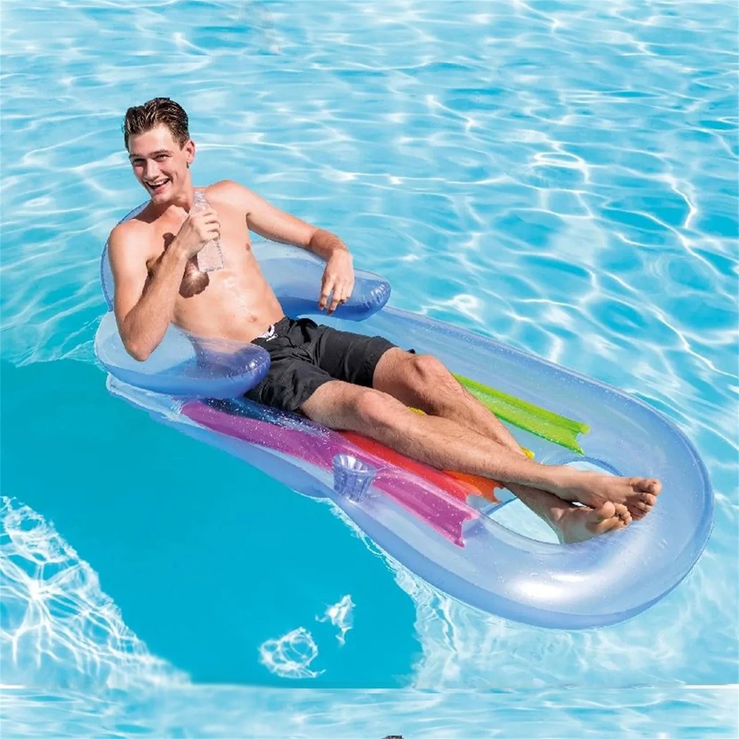 Inflatable Pool Mat with Backrest and Armrests, Integrated Cup Holder, Pvc Material, Two Colors Transparent and Blue