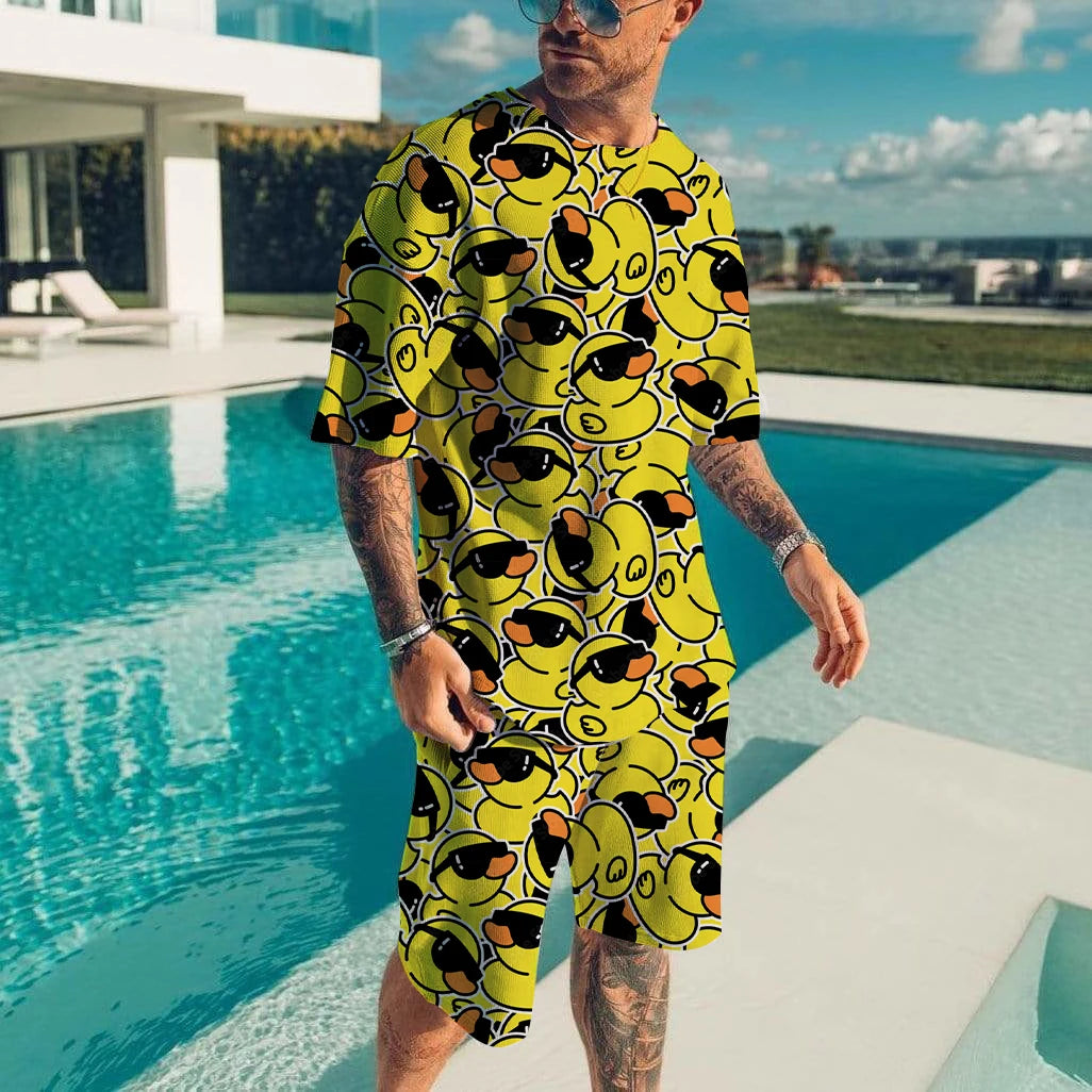 Cute duck 3D printed T-shirt shorts set for men's casual fashion loose short sleeved T-shirt pants set for men's lightweight and