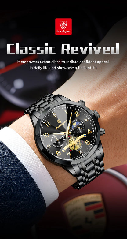 POEDAGAR Luxury High Quality Man Wristwatch Chronograph Stainless Steel Quartz Men's Watches Waterproof Luminous Men Clock Reloj