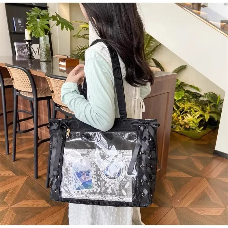 New Y2K Cute Japanese Ita Bag Lolita Girl Transparent Shoulder Tote Bag Large Capacity Crossbody Casual Bag DIY Display Handbags