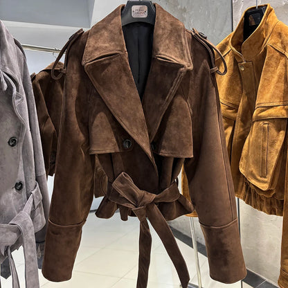 YOLOAgain Vintage Grain Leather Jacket Women Real Leather Sheepskin Jacket With Belt