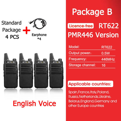 Retevis RT622 Mini Walkie Talkie 4 Pcs Walkie-talkies PMR446 FRS Portable Two Way Radio Communication Radio for Restaurant Hotel