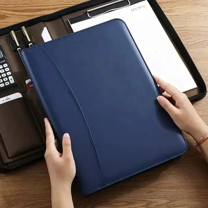 Executive Business A4 Leather Portfolio Folder Clipboard for Zippered Desk Organizer Document Briefcase Calculator for Office