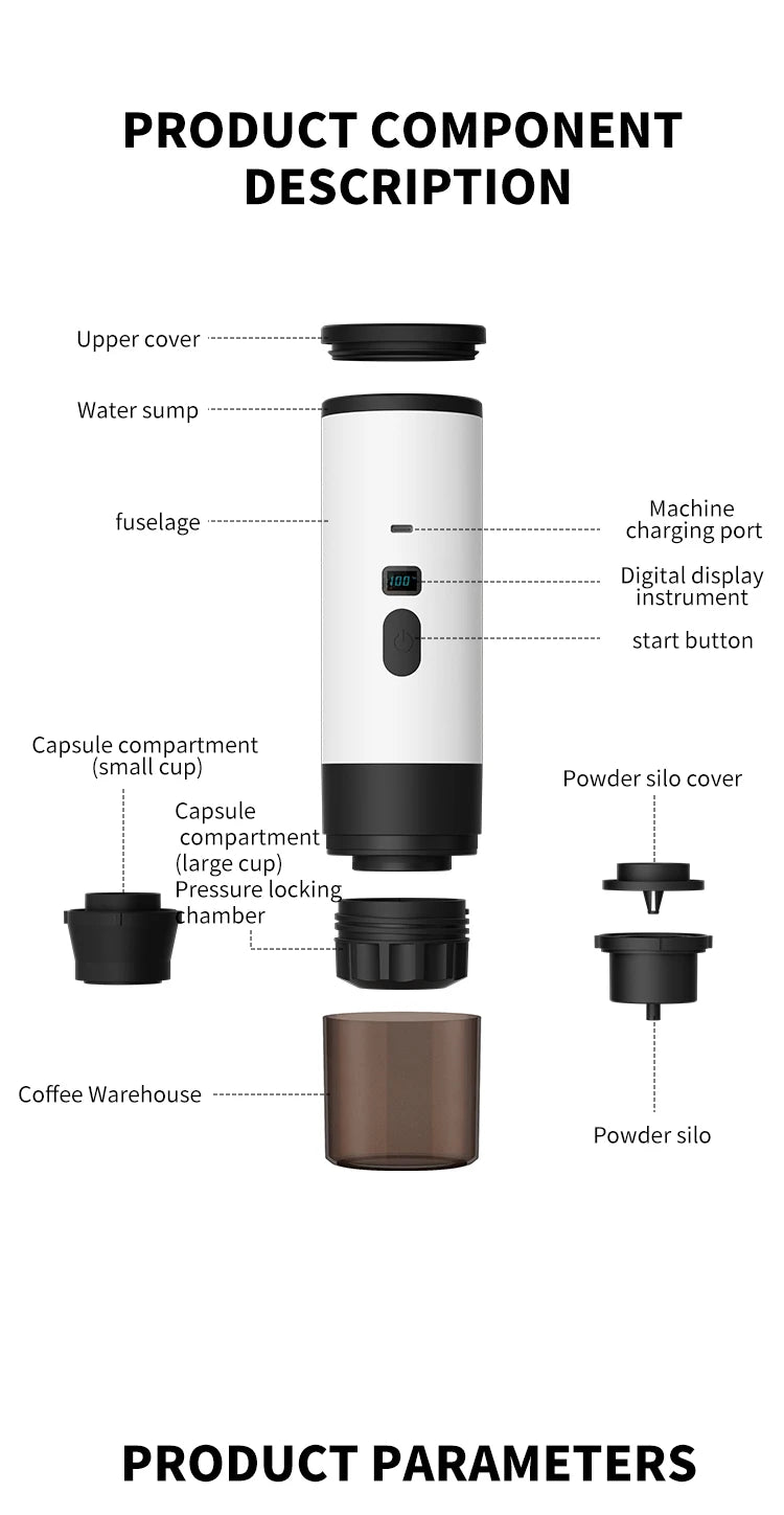 Portable Coffee Machine Wireless 3-in-1 for Ground/Nespresso/DolceGusto Capsule 15Bar 7800mAh Digital Display Travel Camping