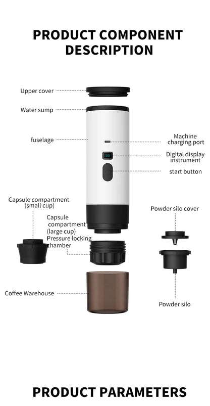 Portable Coffee Machine Wireless 3-in-1 for Ground/Nespresso/DolceGusto Capsule 15Bar 7800mAh Digital Display Travel Camping