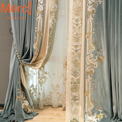 European Embroidered Thickened Blackout Blue Velvet Curtains for Living Room Bedroom Blackout  Lace Luxury Valance Tulle Custom