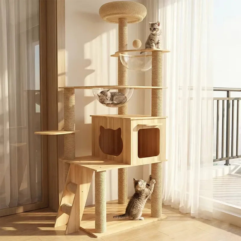 Large Cat Climbing Frame with Thickened Hemp Rope Multi-layered Wooden Cat Tree Tower and Integrated Scratching Post for Pets