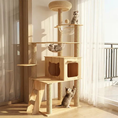 Large Cat Climbing Frame with Thickened Hemp Rope Multi-layered Wooden Cat Tree Tower and Integrated Scratching Post for Pets