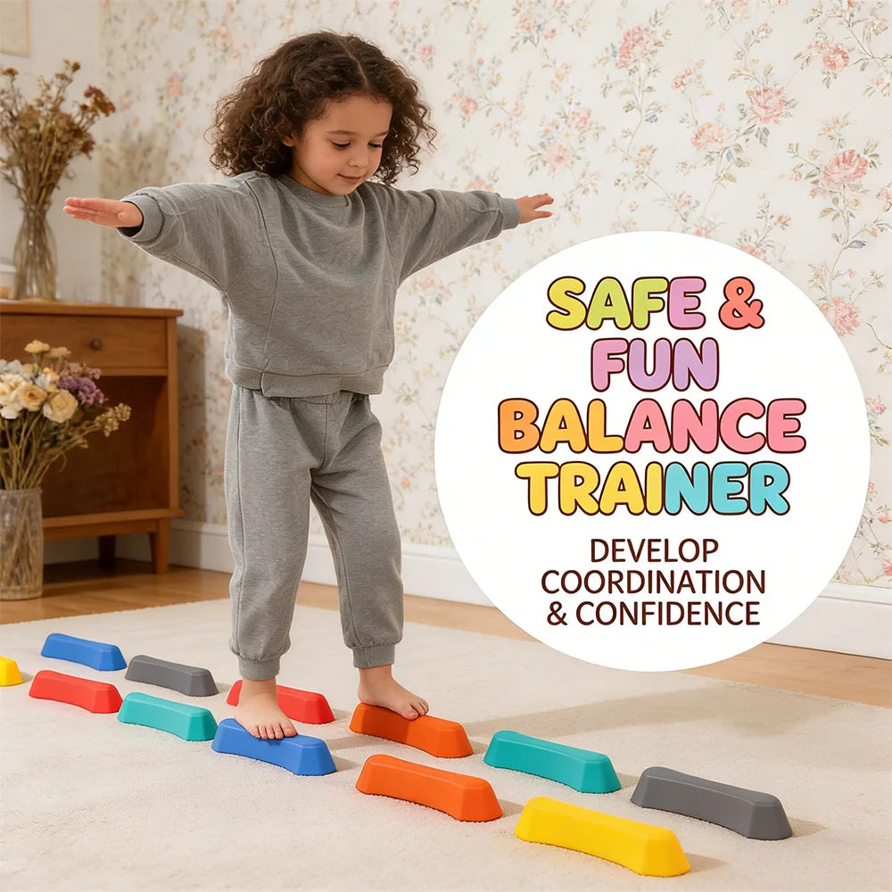 12 Pcs Balance Stepping Stones for Kids Sensory Integration Training Obstacle Course Indoor Outdoor Play Safe Stackable Tactile Beam for Toddlers Children