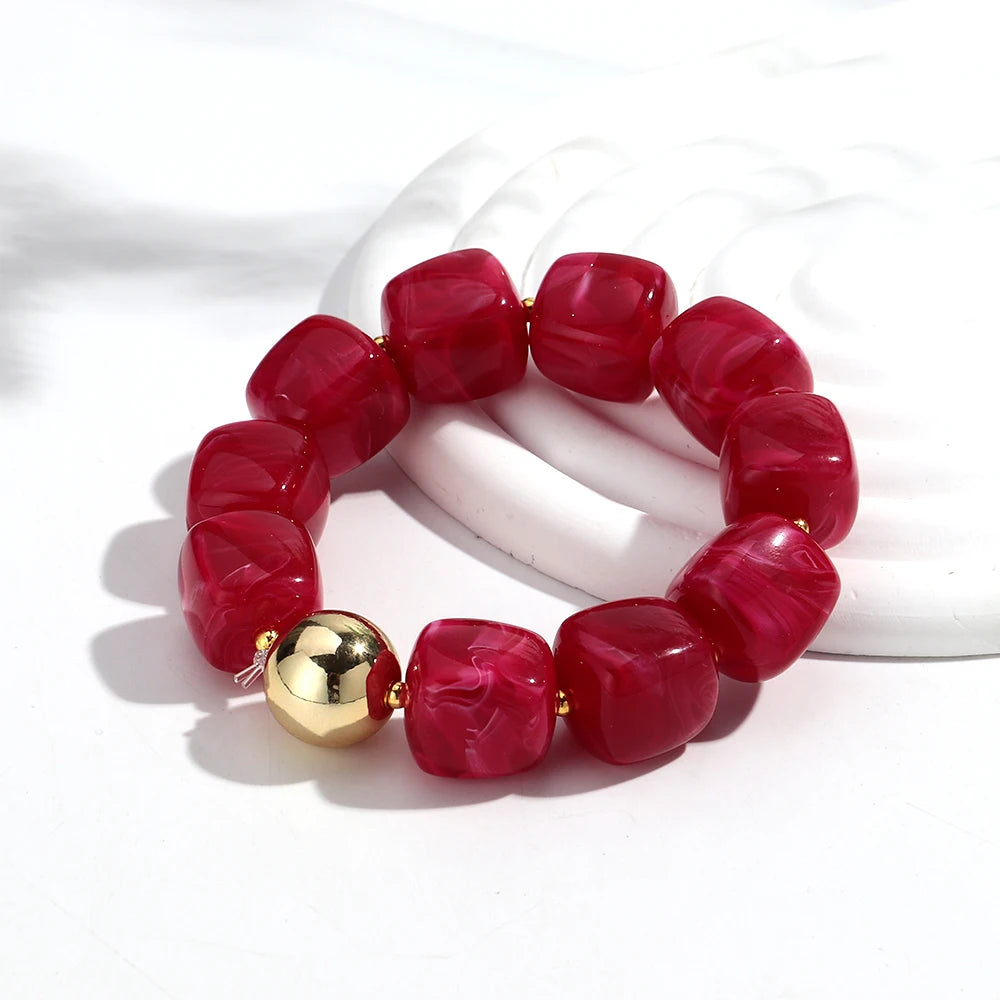 Acrylic Square Beads Elastic Bracelets for Women Boho Irregular Stone Shape Beaded Handmade Bracelet Bangle Retro Jewelry Gifts