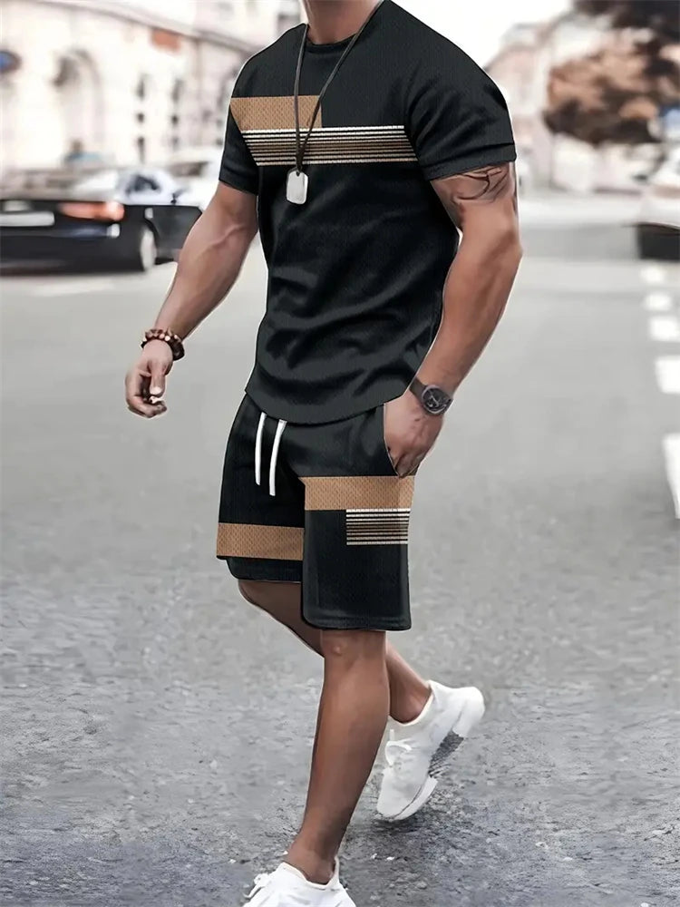 Summer Men's Stripe Print Short Sleeve Tee Elastic waist Shorts 2 Pieces Set Plus Size Loose O-Neck T-shirt Pockets Shorts Set