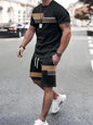 Summer Men's Stripe Print Short Sleeve Tee Elastic waist Shorts 2 Pieces Set Plus Size Loose O-Neck T-shirt Pockets Shorts Set
