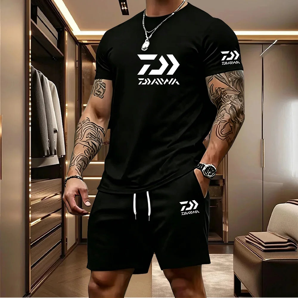 2026 Summer Men's Short Sleeved T-shirt Drawstring Shorts Set Breathable Outdoor Sports Set Men's Daily Fishing Suit