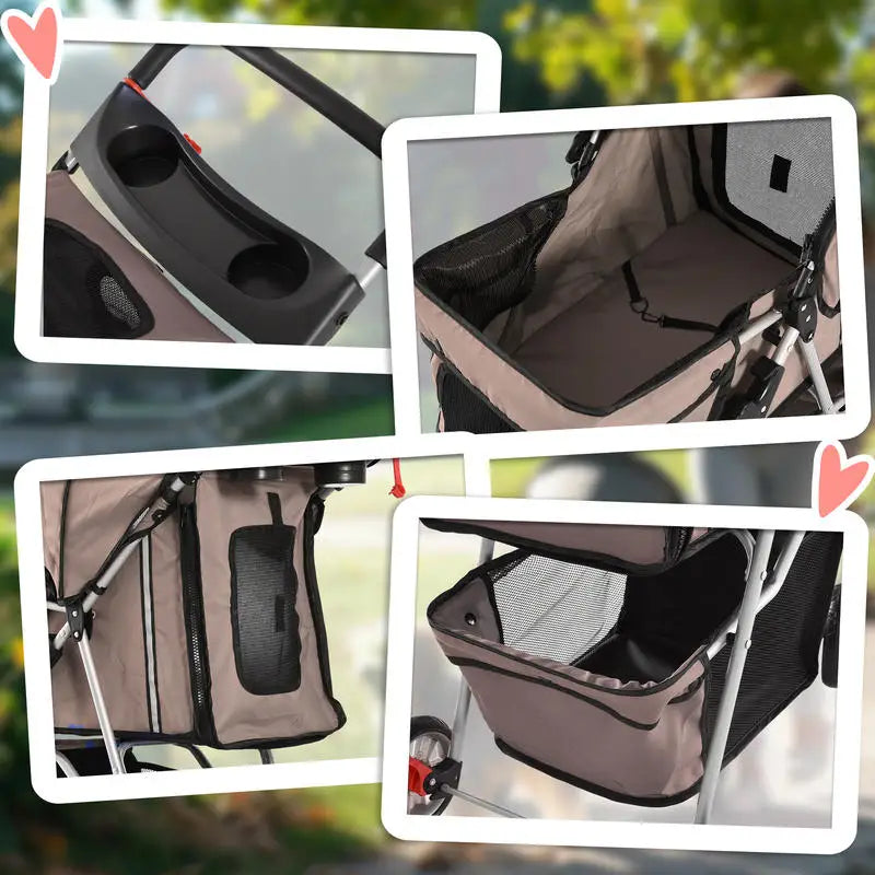 Coffee Foldable Dog and Cat Stroller Buggy, Suitable for Small Pets Weighing up to 10kg, Pet Travel Carrier Stroller with Comfort Cushion, Breathable Mesh Windows, Cup Holder and Extra Storage Bag for Daily Outdoor Use