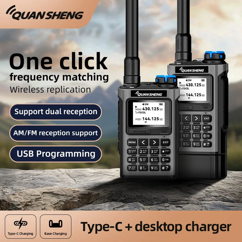 QUANSHENG K1 Air Band Walkie Talkie Wireless Copy Frequency Meter Type-C Charging NOAA Multi-Band Portable Two Way Radio UV