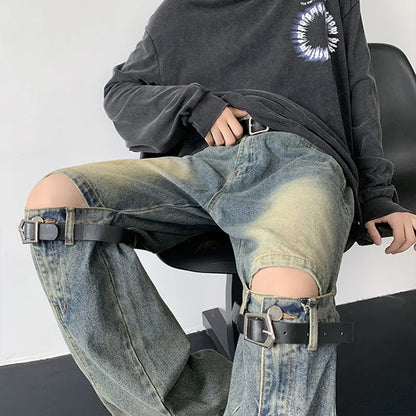 Men's Jeans Retro Trousers Knee Holes Splicing High Street Loose Denim Trousers Flared Jeans Straps Cowboy Casual Long Pants