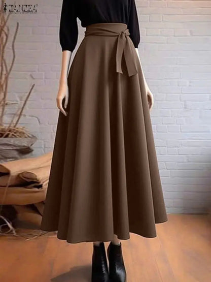 ZANZEA Elegant Maxi Skirts 2026 Women Elastic Waist Jupes Casual Faldas Saia Belted High Waist Fashion Solid Street Overskirts