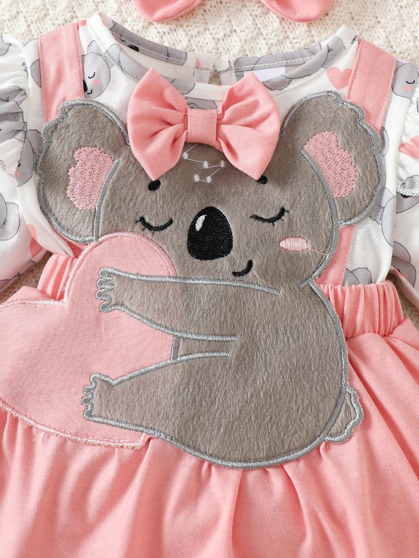 3D Koala Cute One-Piece Tulle Dress + Bow Headband, Pink and Gray, Fresh and Adorable, Perfect for Cute Photos, Princess Outfit