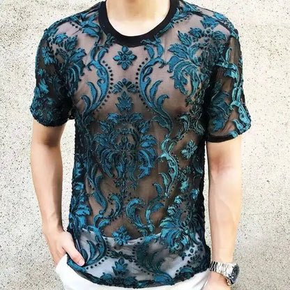 Sexy Round Neck T Shirt Soft Velvet Slim Men Clothing Nightclub Short-sleeved Top Quality Transparent Floral T Shirt See Through