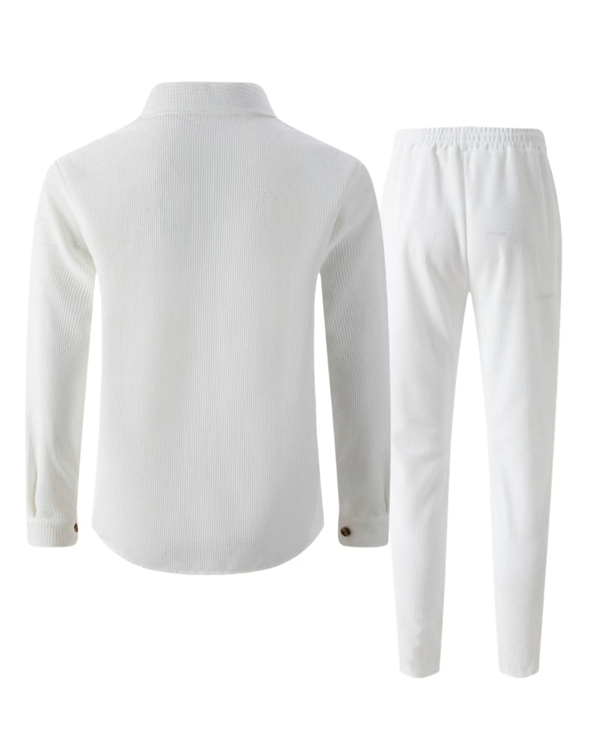 New autumn style waffle long-sleeved solid-color double-pocket buttoned cardigan shirt and pants set