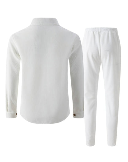 New autumn style waffle long-sleeved solid-color double-pocket buttoned cardigan shirt and pants set