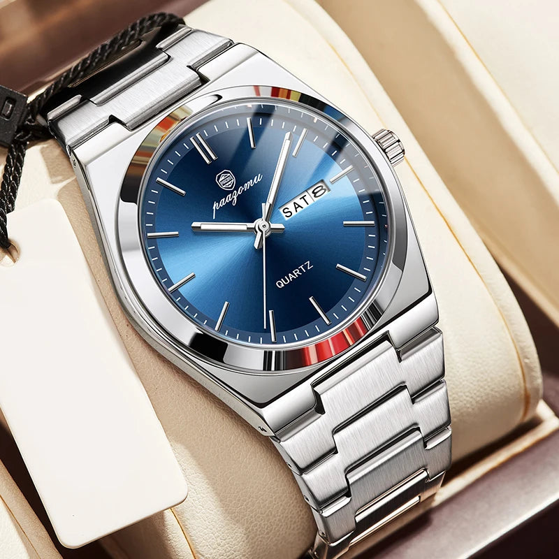 PAAZOMU Fashion Men's Quartz Watch Stainless Steel Waterproof Luminous Man Watch Chronograph Date Multifunction Watches For Men