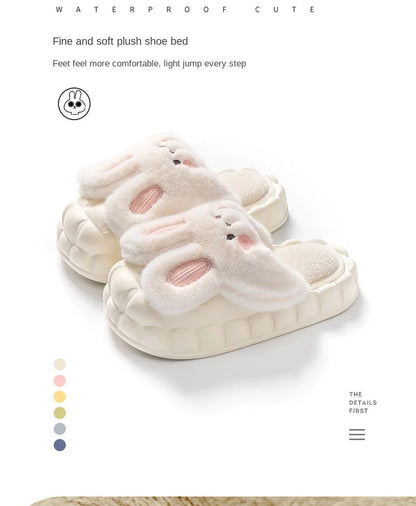 Mo Dou 2022 Winter Warm Women Slippers Waterproof Vamp Cute Rabbit Bear Decoration Indoor Outdoor Shoes Soft Plush Men Slippers