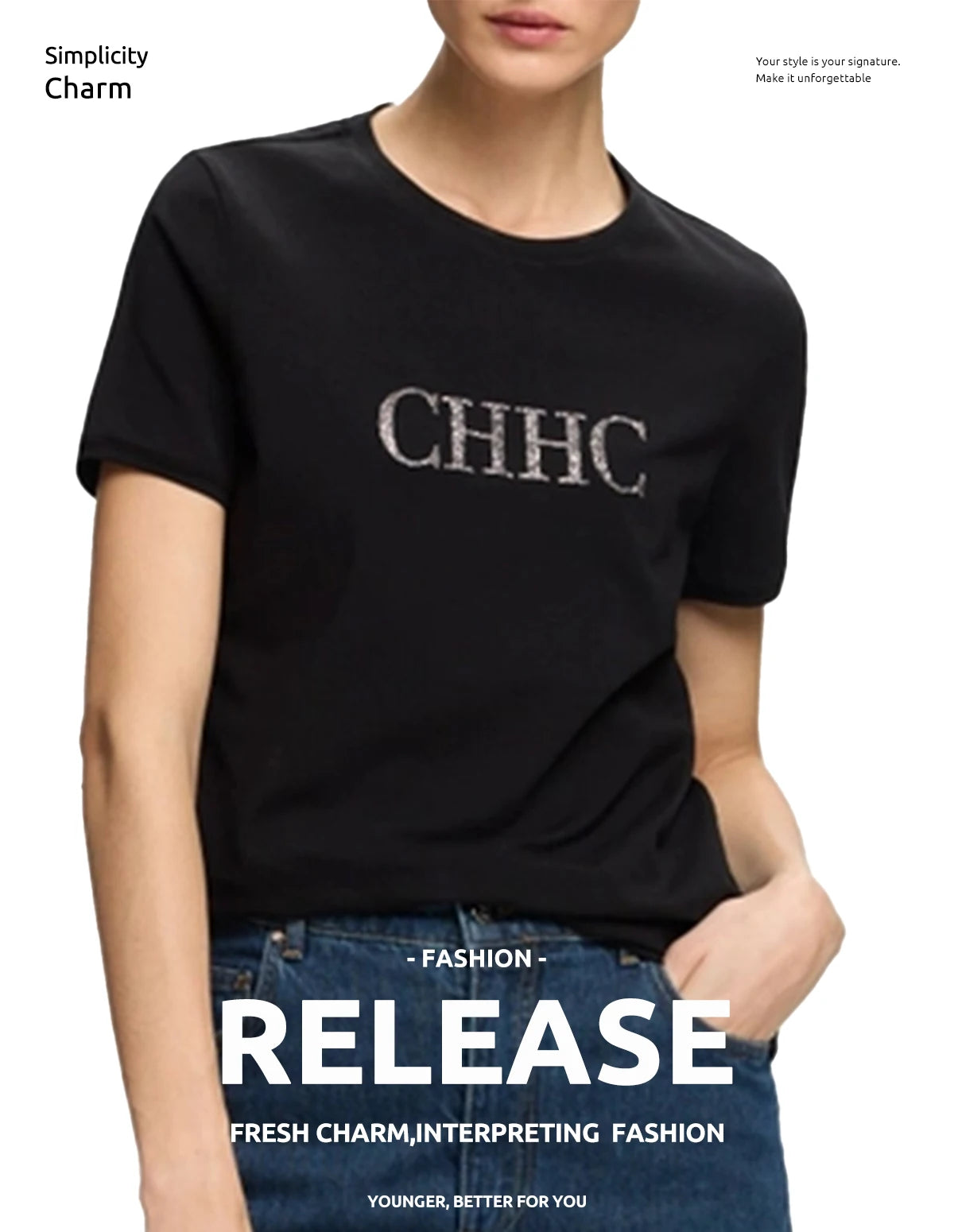 CHCH Summer Women's Elegant T Shirt Casual O-neck Pure Cotton T-Shirt Women Fashion Letter Diamonds Versatile Short Sleeve Tops